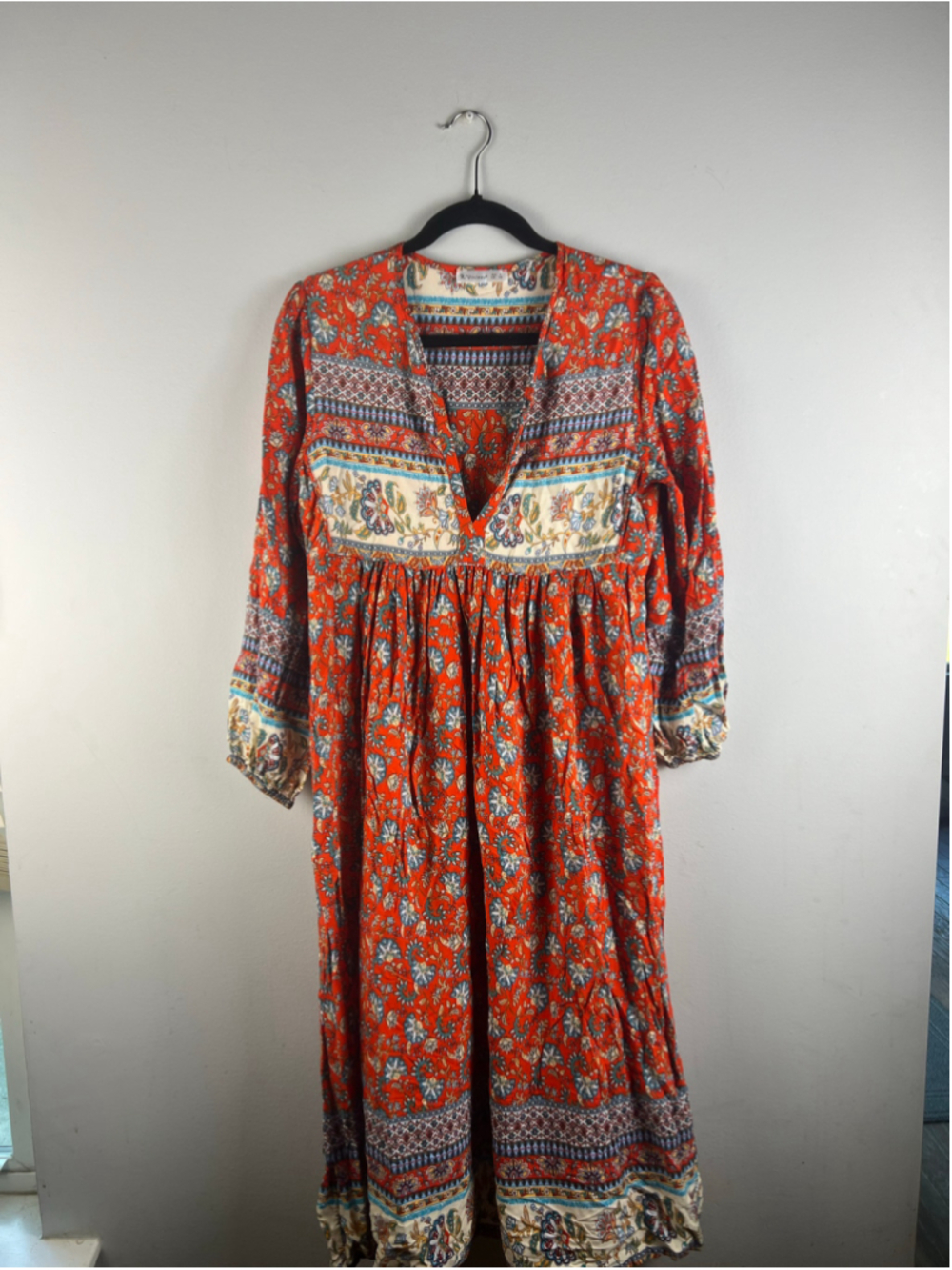 R. Vivimos Boho Floral Peasant Midi Dress Size Small Orange Cotton Blend